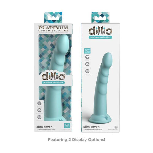 Deux boites dillio Platinum Slim Seven turquoise cote a cote, options d'affichage du gode silicone a relief spirale, carton damier bleu, gode fantaisie 17,78 cm compatible harnais