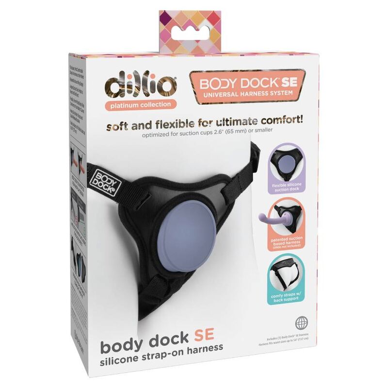 Boite dillio Body Dock SE harnais silicone strap-on noir, packaging illustrant la plaque ventouse et les sangles, carton avec pictogrammes confort, sans element anatomique