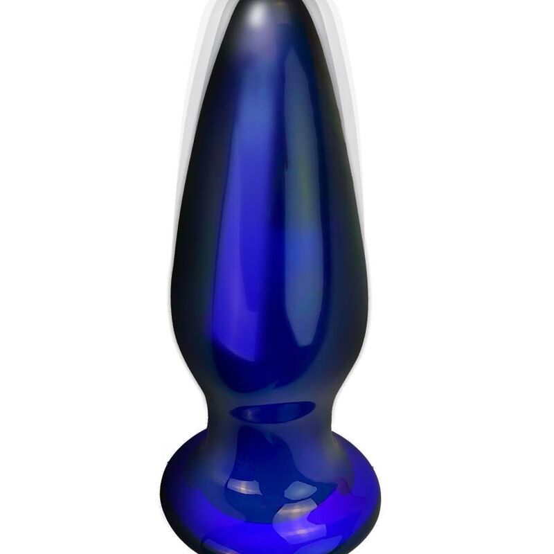 Plug anal vibrant en verre bleu profond The Shining, surface lisse non poreuse et base evasee, presente debout de trois quarts, sextoy a 5 modes