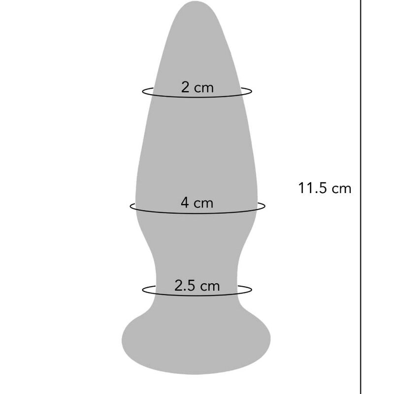 Schema technique du plug anal The Shining : silhouette grise cotee 11,5 cm avec diametres 2, 4 et 2,5 cm, dimensions du sextoy en verre vibrant