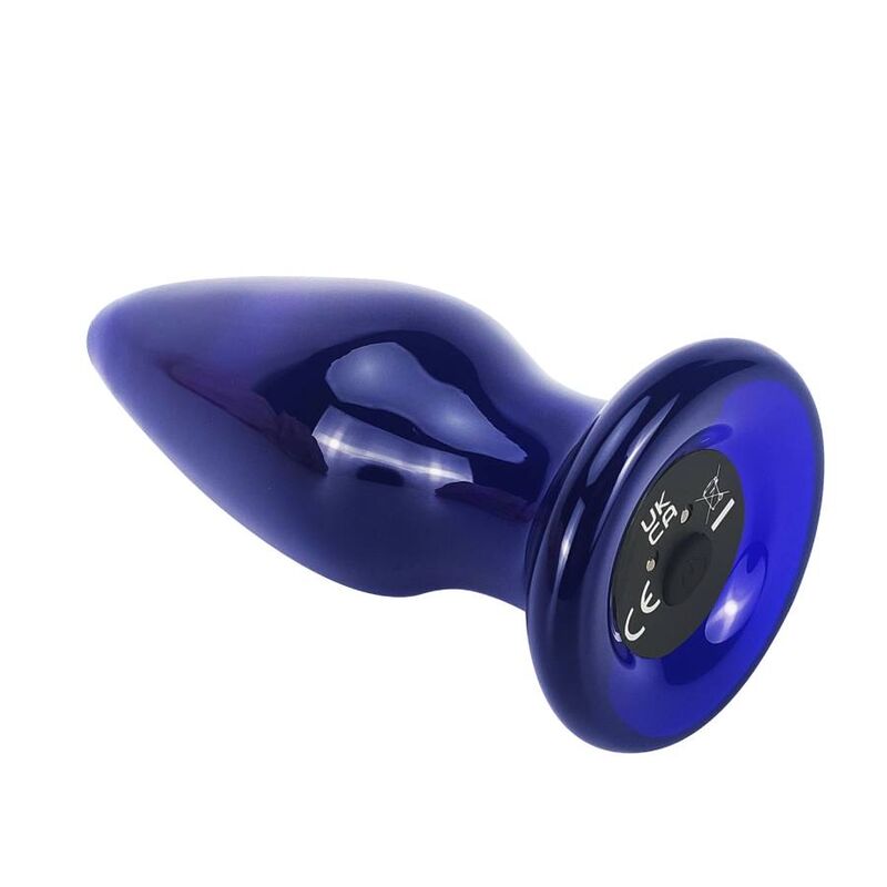 Base du plug anal en verre bleu The Shining avec marquage CE, large socle d'arret stable, sextoy vibrant en verre lisse a 5 modes vu de dos