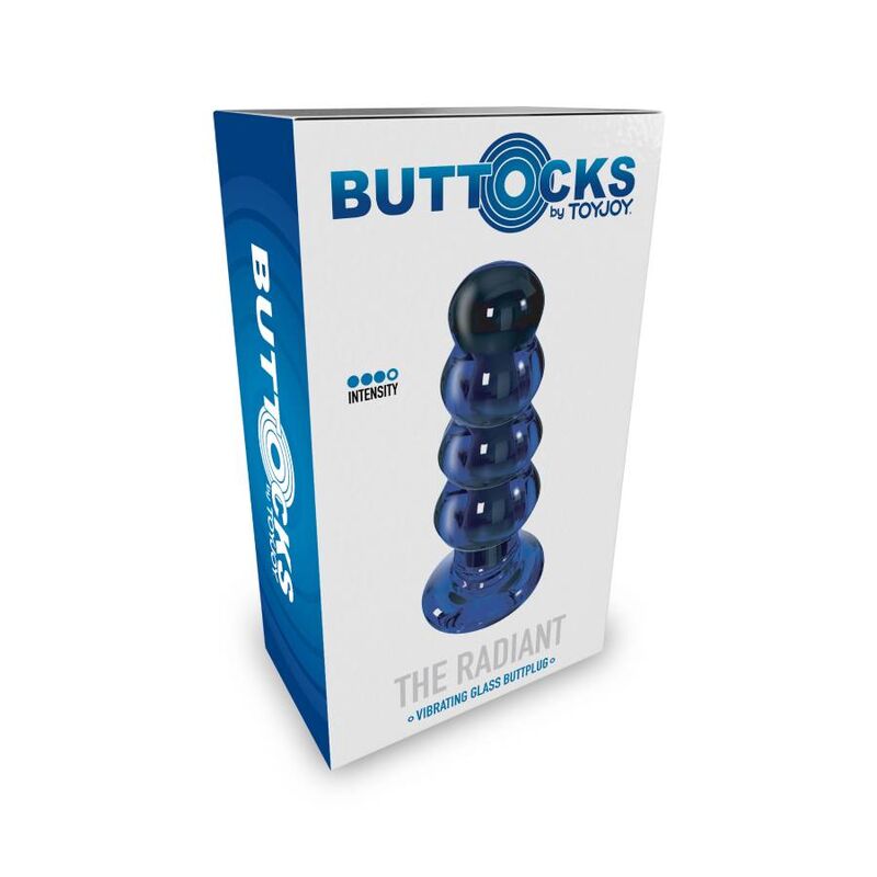 Boite The Radiant Buttocks by Toy Joy : packaging bleu montrant le plug anal en verre a billes vibrant, coffret du sextoy a 5 modes d'intensite