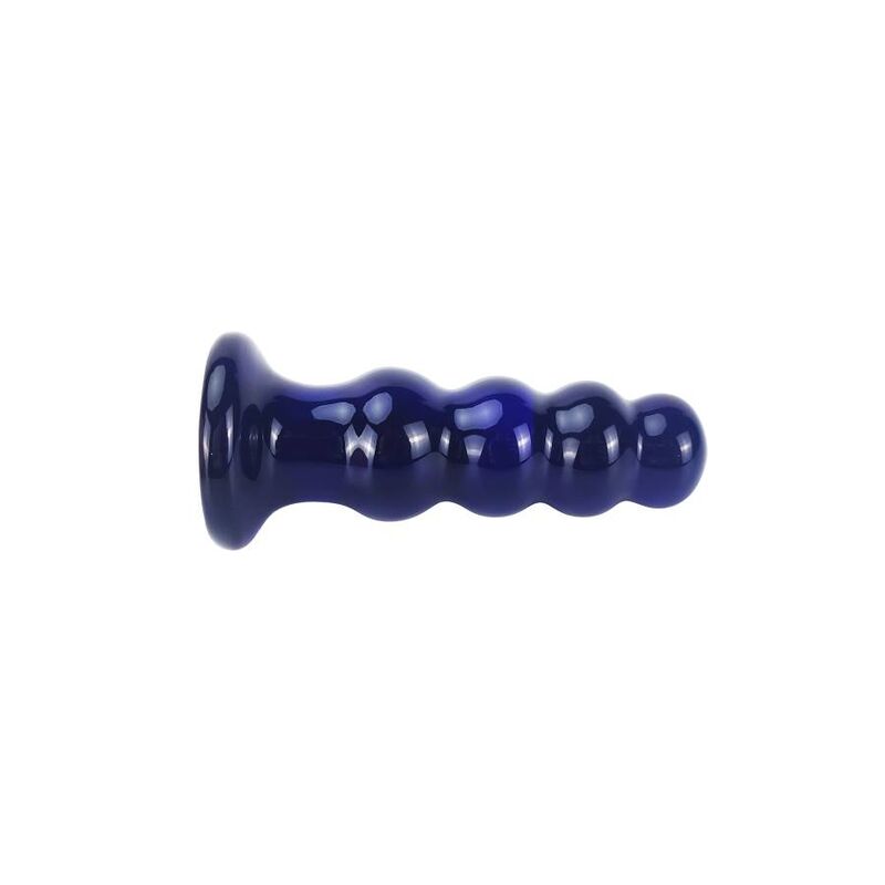Plug anal en verre bleu Radiant pose a plat, profil des perles progressives et poignee evasee, sextoy vibrant en verre lisse non poreux