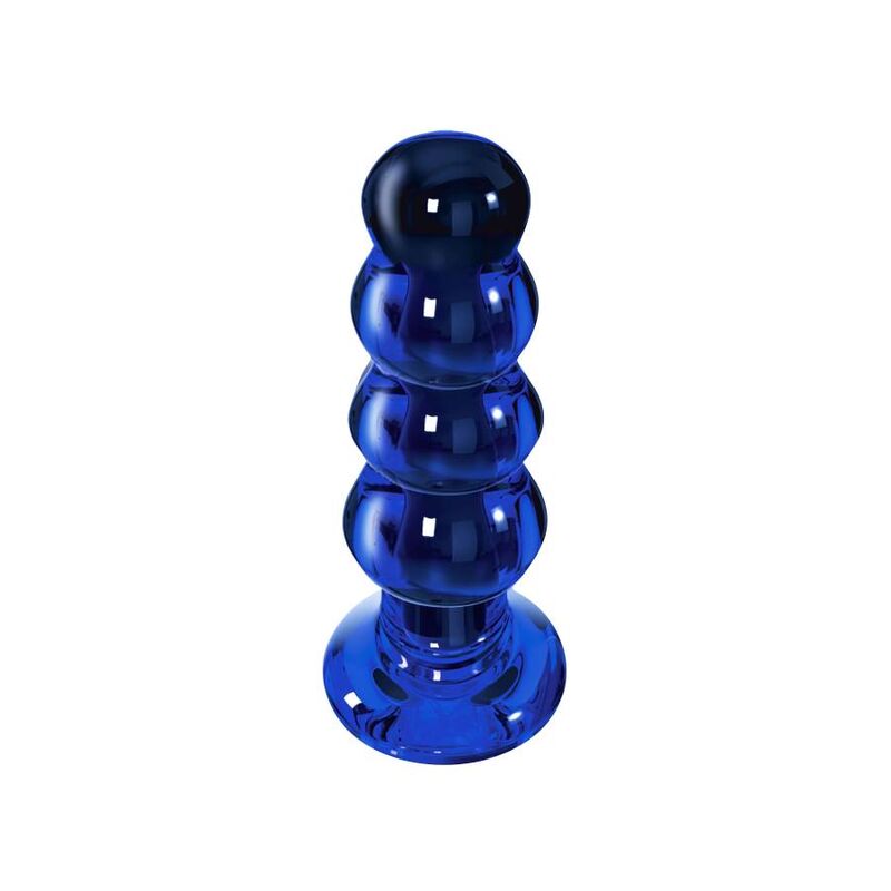 Plug anal en verre bleu Radiant dresse de profil, quatre renflements progressifs et socle evase, sextoy vibrant en verre lisse a 5 modes