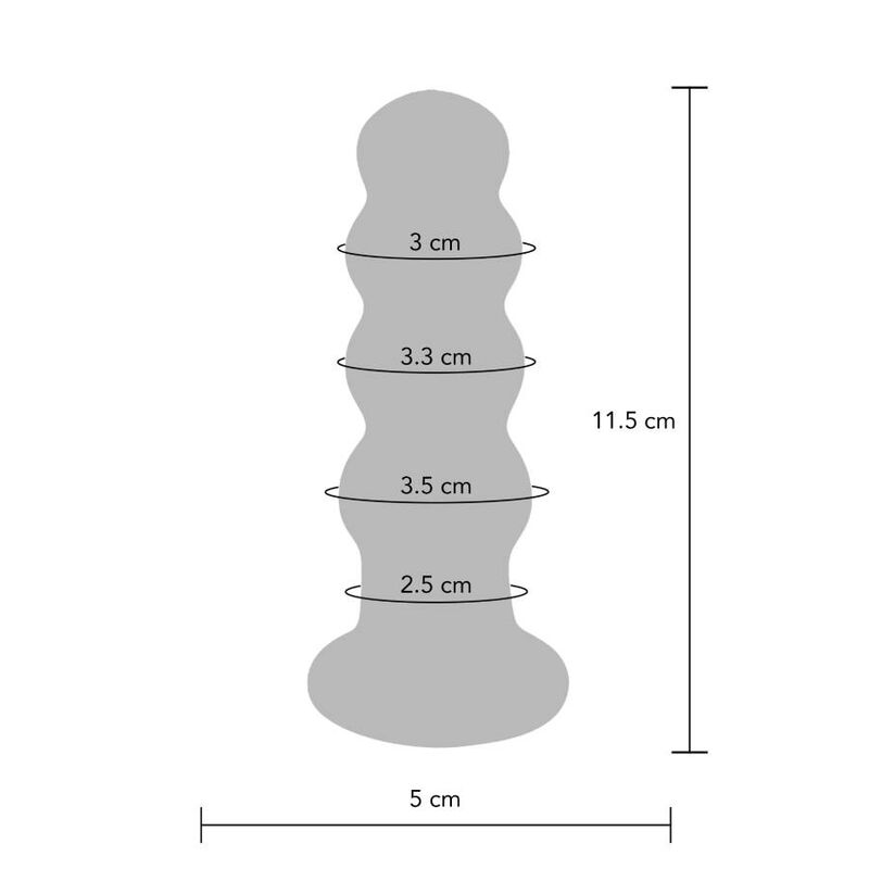 Schema cote du plug Radiant : silhouette grise a billes, hauteur 11,5 cm, diametres 3, 3,3, 3,5 et 2,5 cm sur base de 5 cm, dimensions du sextoy