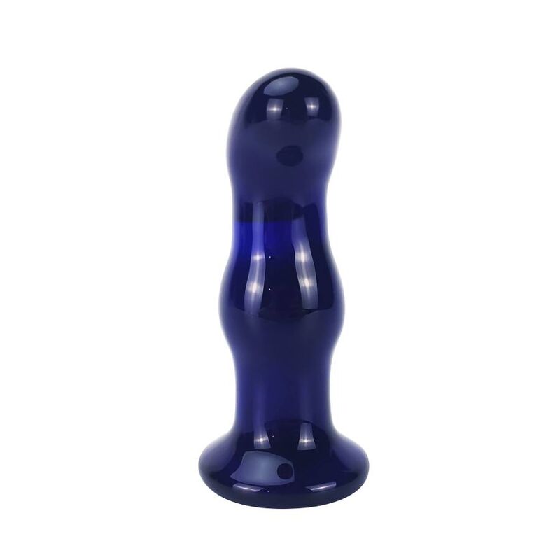 Plug anal en verre bleu Gleaming vu de face, tete arrondie et renflements etages, base evasee stable, sextoy vibrant en verre lisse a 5 modes