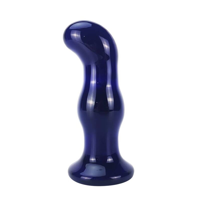 Plug anal en verre bleu Gleaming au profil recourbe pour le point P, renflements progressifs et socle large, sextoy vibrant en verre lisse