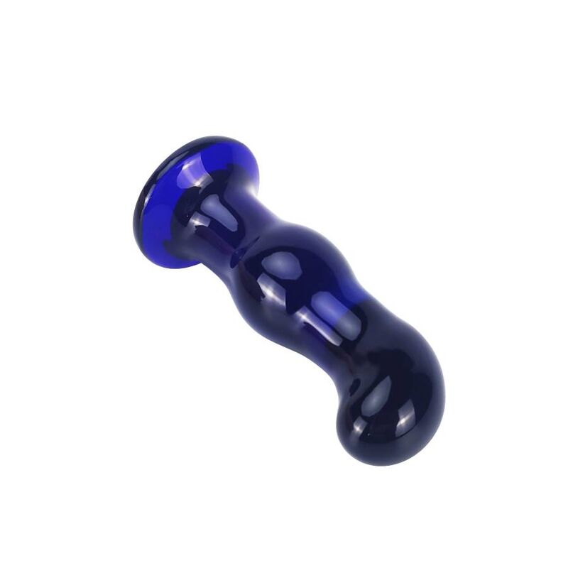 Plug anal en verre bleu Gleaming couche a l'horizontale, profil de la courbe point P et de la base, sextoy vibrant en verre lisse non poreux