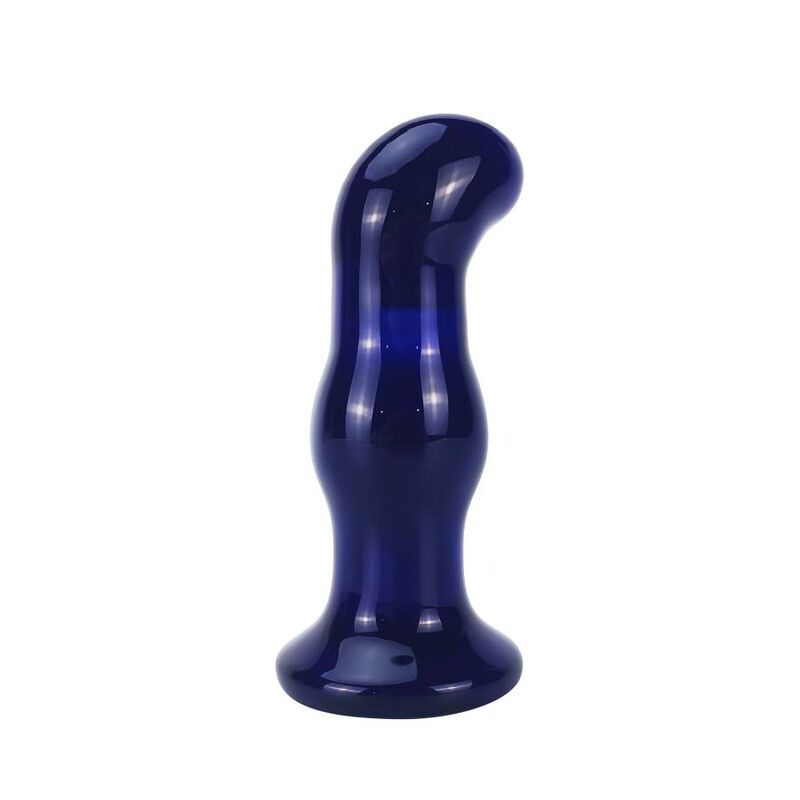 Plug anal en verre bleu Gleaming vu debout, renflements etages et base ronde evasee, sextoy vibrant en verre lisse a 5 modes de vibration