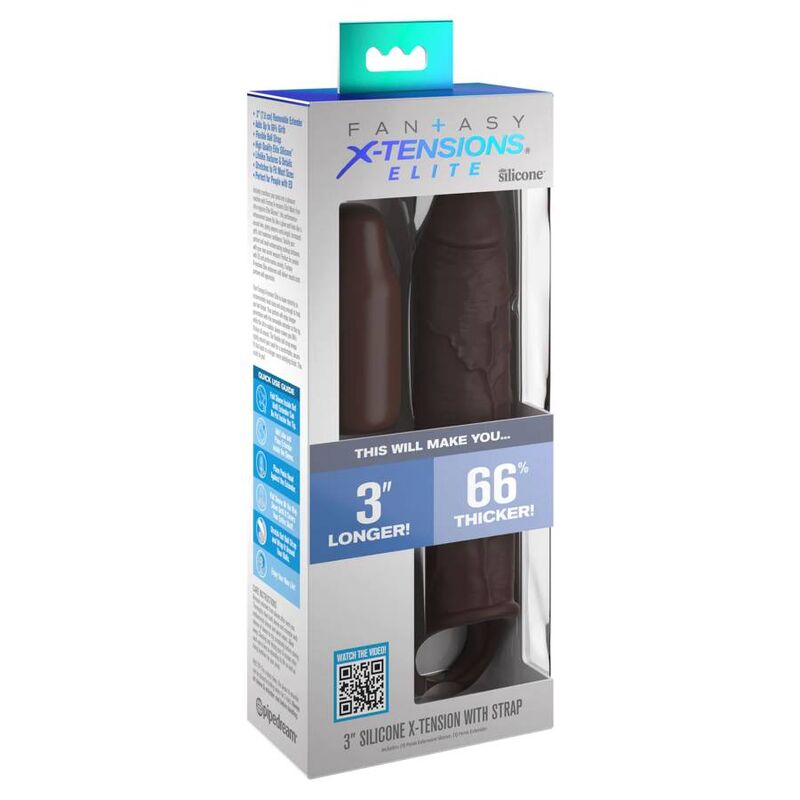 Boite Fantasy X-Tensions Elite presentant des gaines peniennes realistes chocolat, mention 3 pouces plus longue et 66 pourcent plus epaisse, packaging Pipedream vertical.