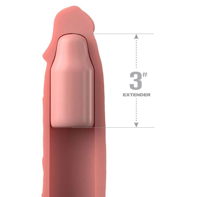 Gaine penienne realiste chair enfilee, schema indiquant un gain de 3 pouces, surface veinee imitant la peau, gros plan technique sur fond gris clair.