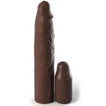 Gaine penienne realiste teinte chocolat Fantasy X-Tensions, surface veinee imitant la peau mate et bonnet d'extension assorti, debout sur fond blanc.