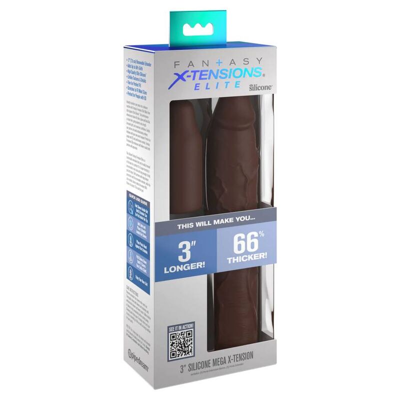 Boite Fantasy X-Tensions Elite montrant des gaines peniennes realistes deux teintes, mention 3 pouces plus longue et 66 pourcent plus epaisse, emballage Pipedream vertical.
