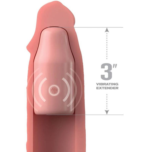 Schema d une gaine penienne vibrante teinte chair enfilee, mention 3 pouces d extension, manchon realiste epais pour rallonger et epaissir le sexe a deux.