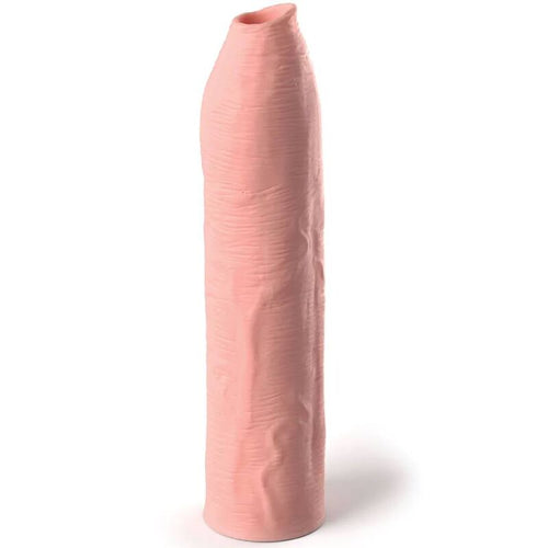 Gaine d extension penienne teinte chair realiste, manchon allonge au toucher peau et anneau d entree, pour ajouter longueur et volume au sexe a deux.