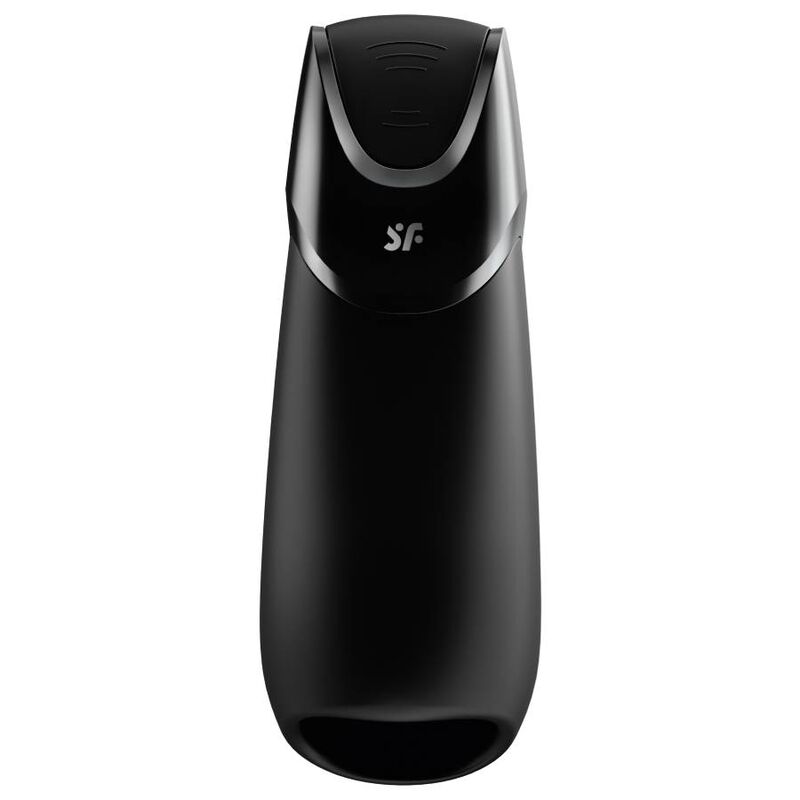Masturbateur masculin Satisfyer noir vu de face logo SF, ouverture du tunnel et boutons de commande, silicone etanche rechargeable avec telecommande connectee