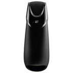 Masturbateur masculin Satisfyer noir vu de face logo SF, ouverture du tunnel et boutons de commande, silicone etanche rechargeable avec telecommande connectee