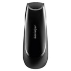 Masturbateur connecte Satisfyer noir floque du logo Satisfyer, vue arriere de la coque en silicone, etanche et rechargeable, vibrations pilotables a distance