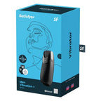Boite bleue Satisfyer Men Vibration+ montrant le masturbateur noir, dessin stylise d'un visage de profil, silicone etanche rechargeable, app gratuite Bluetooth