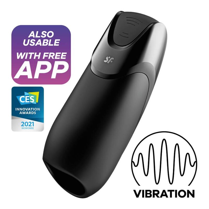 Masturbateur vibrant connecte pour homme Satisfyer noir vu de trois quarts, gaine ouverte lisse, picto Vibration, silicone etanche rechargeable pilotable par app