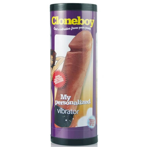 Boite tube violette Cloneboy My personalized vibrator de face, illustration d'un penis realiste en couleur chair, kit de moulage en silicone vibrant a faire soi-meme.