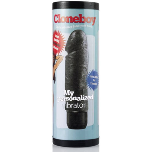 Boite tube bleue Cloneboy My personalized vibrator de face, illustration d'un penis realiste fonce, kit de moulage pour copie vibrante en silicone du sexe.