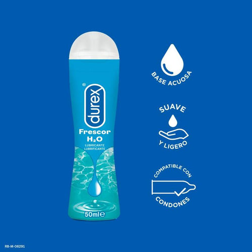 Flacon Durex Frescor H2O sur fond bleu avec pictogrammes base aqueuse douceur et compatibilite preservatifs, lubrifiant intime base eau 50 ml a sensation fraiche.