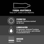 Schema technique Durex forme anatomique Easy-on avec perimetre 56 mm, lubrification Performa 5% benzocaine et grosseur moyenne, preservatif retardant illustre.