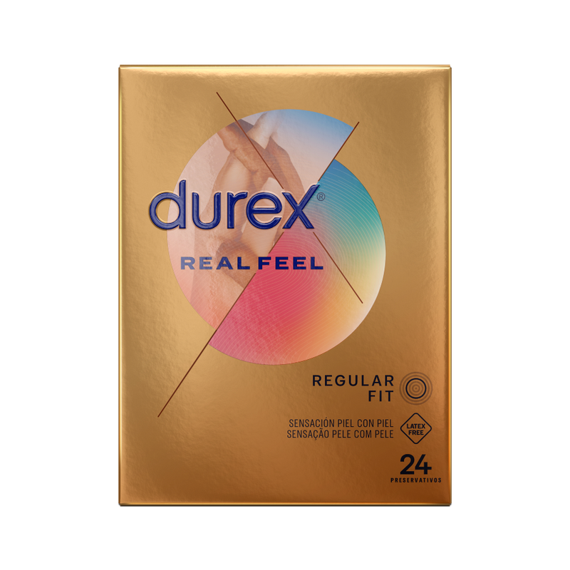 Boite doree Durex Real Feel Regular Fit de face, preservatifs sans latex pour une sensation peau a peau naturelle, lubrifies avec depot, boite de 24 unites.