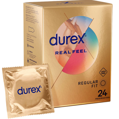 Boite doree Durex Real Feel Regular Fit avec sachet dore, preservatifs sans latex sensation peau a peau naturelle, lubrifies avec depot, boite de 24 unites.