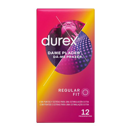 Boite rose et violette Durex Dame Placer Regular Fit de face, preservatifs textures a points et stries pour une stimulation extra, largeur 56 mm, boite de 12.