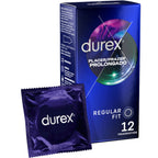 Boite bleue Durex Placer Prolongado Regular Fit avec sachet bleu, preservatifs retardants latex lubrifiant Performa benzocaine, largeur 56 mm, lot de 12.