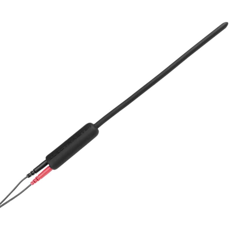 Sonde uretrale ElectraStim en silicone conducteur noir 7 mm avec broches connecteur rouge et noir, tige souple graduee pour electrostimulation uretrale interne.