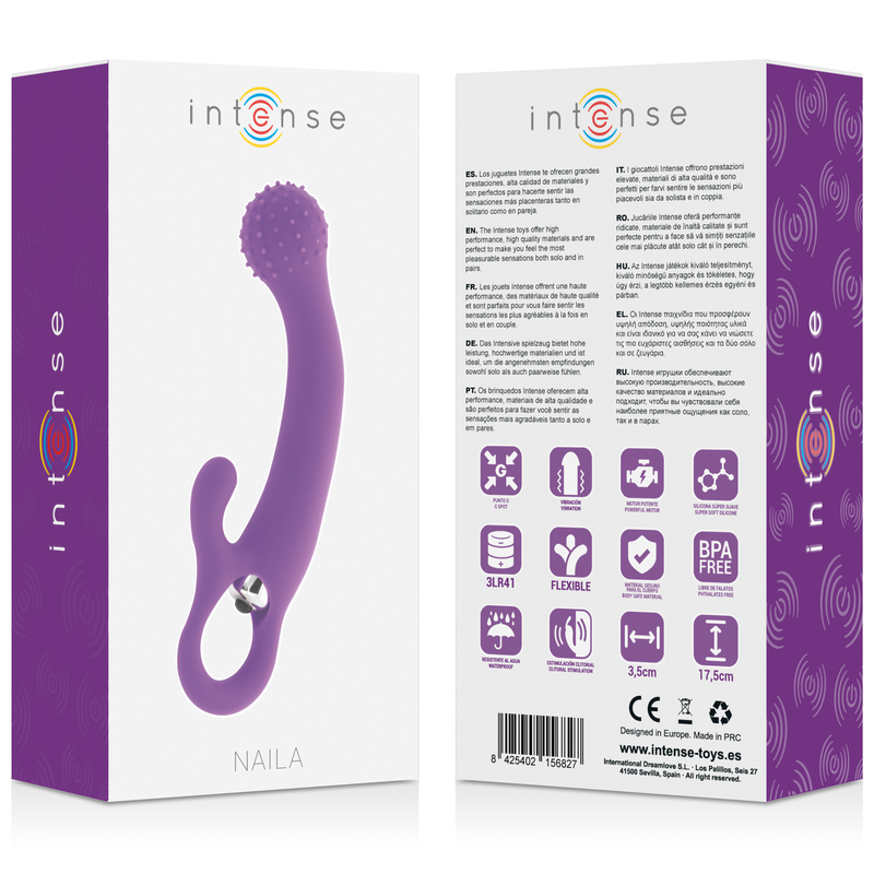 Boite Intense Naila presentee recto-verso avec pictogrammes flexible et BPA free, illustration du vibromasseur point G violet a tete picotee sur le packaging.