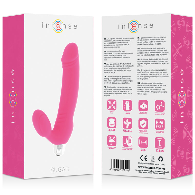 Boite Intense Sugar et son gode strap-on rose, verso detaille pictogrammes flexible et BPA free, longueur 17,5 cm, jouet double densite pour penetration partagee sans harnais.
