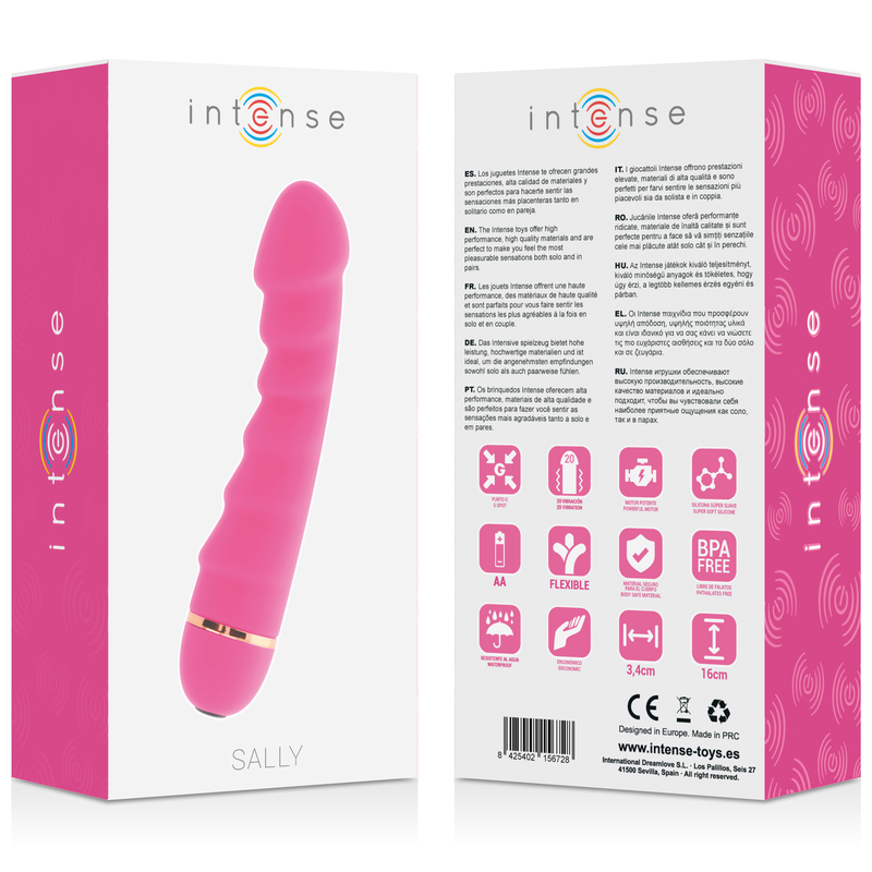 Boite Intense Sally presentee recto-verso avec pictogrammes piles AA et BPA free, illustration du vibromasseur point G rose a nervures spirales sur l'emballage.