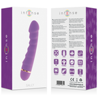 Boite Intense Sally presentee recto-verso avec pictogrammes piles AA et BPA free, illustration du vibromasseur point G lilas a nervures spirales sur le packaging.