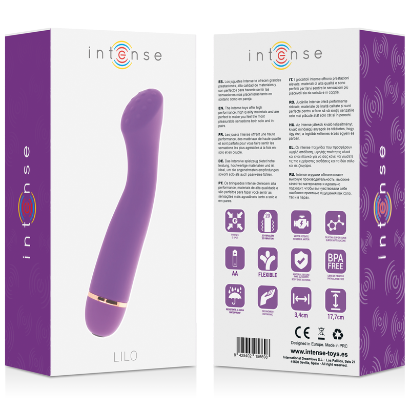 Boite Intense Lilo presentee recto-verso avec pictogrammes piles AA et BPA free, illustration du vibromasseur point G lilas a tete courbee sur le packaging violet.