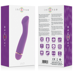 Boite Intense Lilo presentee recto-verso avec pictogrammes piles AA et BPA free, illustration du vibromasseur point G lilas a tete courbee sur le packaging violet.