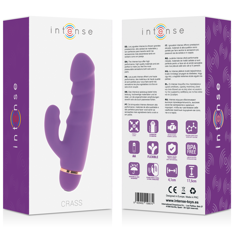 Boite Intense Crass presentee recto-verso avec pictogrammes piles AA et BPA free, illustration stylisee du vibromasseur rabbit violet sur l'emballage sobre.