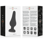 Boite Intense Pipo Size L vue recto-verso avec pictogrammes BPA free et dimensions, silhouette du plug anal conique en silicone noir imprimee sur l'emballage.
