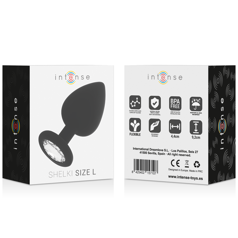 Boite Intense Shelki Size L vue recto-verso avec pictogrammes BPA free et logos CE, illustration du plug anal a base diamant en silicone noir sur l'emballage.