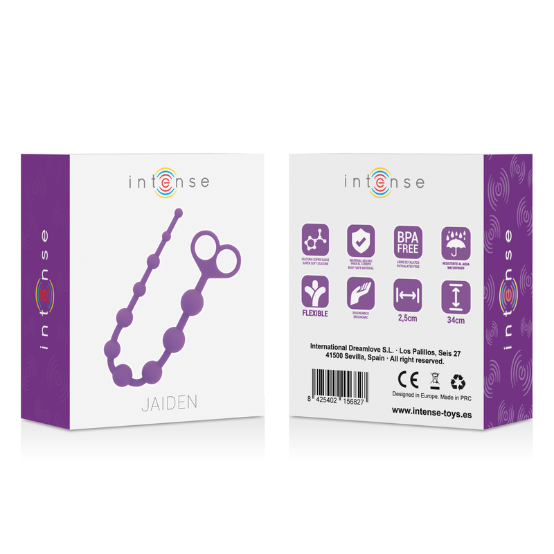 Emballage Jaiden Intense violet du chapelet anal avec face arriere et pictos flexible, sans BPA et cotes 2,5 cm sur 34 cm, jouet billes pour la stimulation anale.