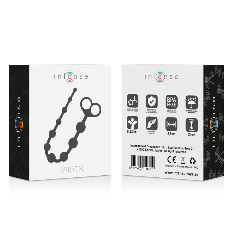 Emballage Jaiden Intense du chapelet anal noir avec face arriere détaillant flexible, sans BPA et cotes 2,5 cm sur 34 cm, jouet billes pour la stimulation anale.