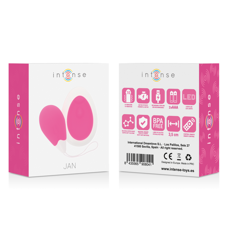 Boite carree Intense Jan recto-verso avec pictogrammes LED et piles AAA, illustration de l'oeuf vibrant rose et de sa telecommande sur l'emballage discret.