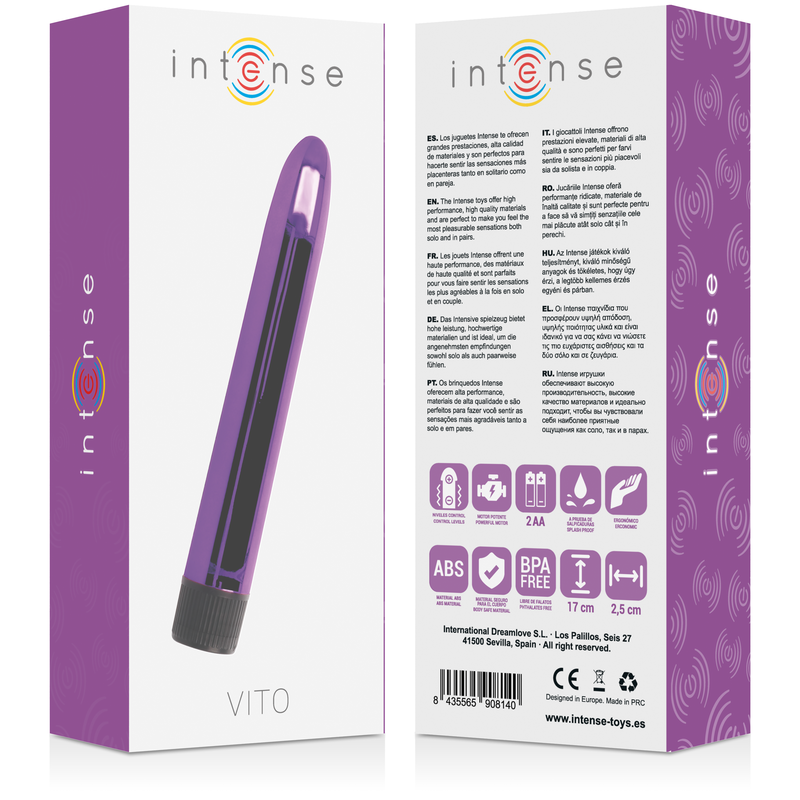 Emballage du vibromasseur Intense Vito lilas fonctionnant avec deux piles AA.