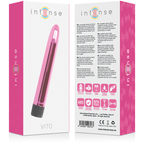 Emballage du vibromasseur Intense Vito rose fonctionnant avec deux piles AA.