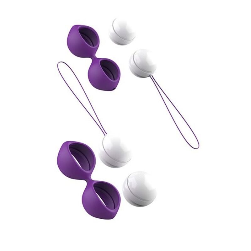 Harnais violets et billes blanches du Bfit Geisha étalés sur fond blanc, cordon en boucle visible. Vue éclatée des quatre poids flottants interchangeables, formes sphériques lisses.