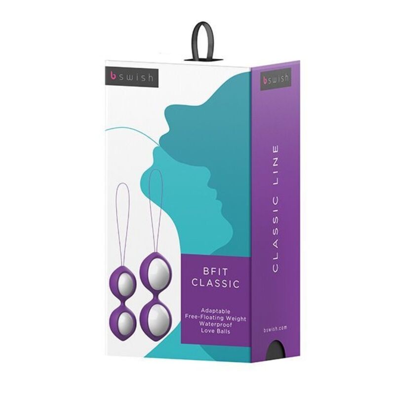 Boîte Bfit Classic turquoise et violette illustrée des boules de Geisha à cordon. Packaging classic line listant adaptable free-floating weights, silhouette de profil.