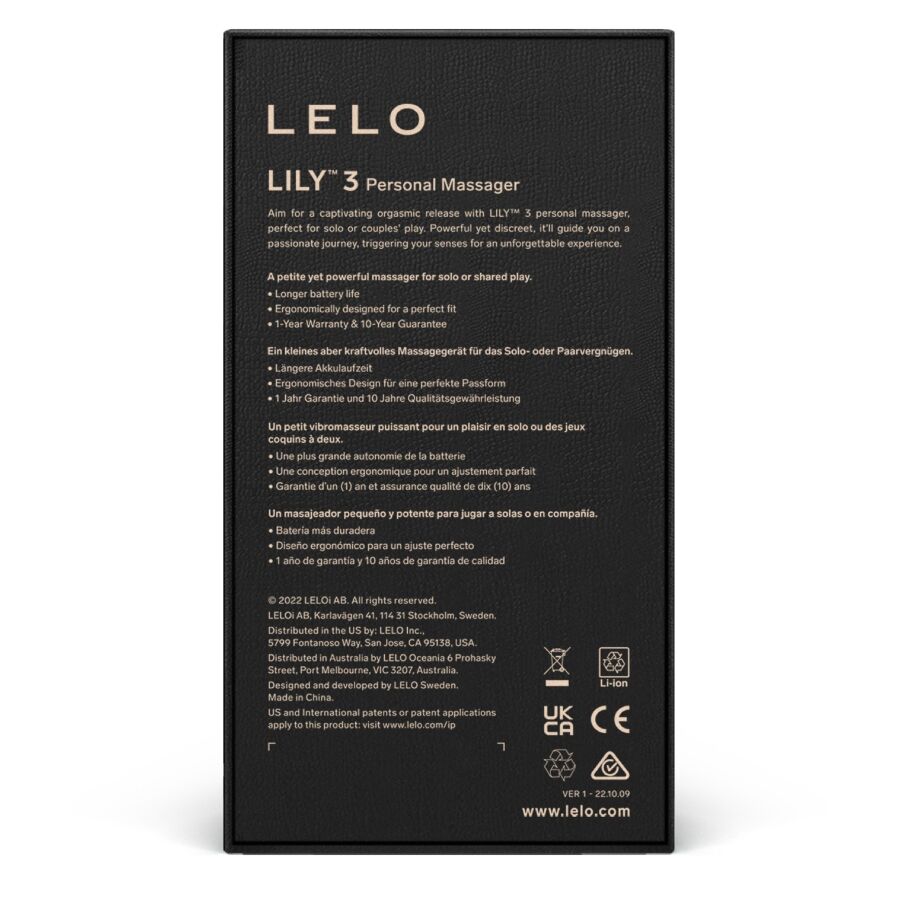Verso de la boite du Lily 3 de Lelo detaillant les caracteristiques, masseur clitoridien compact en silicone biocompatible etanche IPX7 rechargeable a 10 modes